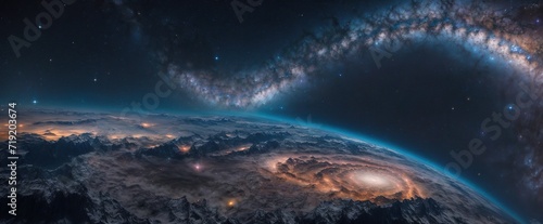  A view from space to a spiral galaxy and stars Universe filled with stars, nebula and galaxy