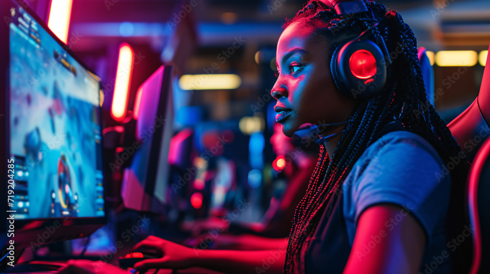 eSports competitive black female gamer in the heat of intense gameplay eSports competitive black female gamer in the heat of intense gameplay