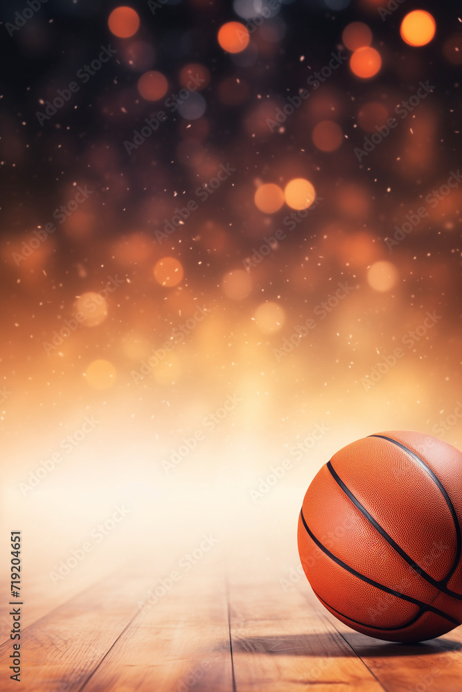 Mobile Phone Wallpaper: Basketball Ball on the Floor of a Basketball Court, Suspended Dust Particles in the Air, Bokeh Lights Adding a Dynamic Touch. Perfect Banner for Sports Enthusiasts