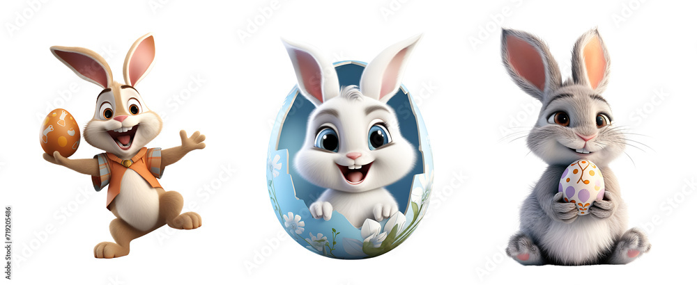 Set of Easter Bunny and Egg: 3D Render of Rabbit Cartoon Illustration, Isolated on Transparent Background, PNG Set of Easter Bunny and Egg: 3D Render of Rabbit Cartoon Illustration, Isolated on Transparent Background, PNG