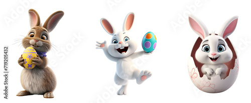 3D Rendered Set of Cartoon Rabbit Illustration: Easter Bunny with Egg, Isolated on Transparent Background, PNG
