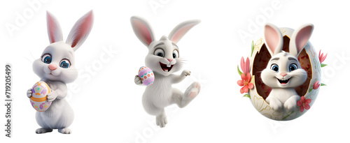 Cartoon Rabbit Illustration: Easter Bunny with Egg in 3D Rendered Set, Isolated on Transparent Background, PNG