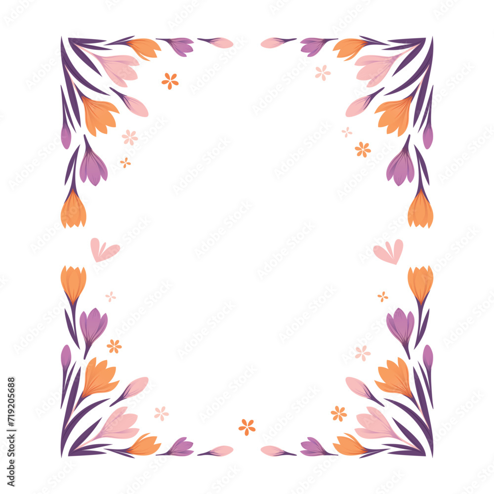 Rectangular frame with floral design of crocuses. Vector illustration. Design of letters, invitations, congratulations, announcements, gift certificates.  Spring, international women's day, wedding
