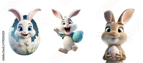 Rabbit Cartoon Illustration: 3D Rendered Set of Easter Bunny with Egg, Isolated on Transparent Background, PNG