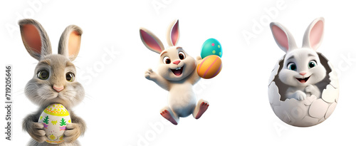 Easter Bunny with Egg: Set of 3D Rendered Rabbit Cartoon Illustrations, Isolated on Transparent Background, PNG