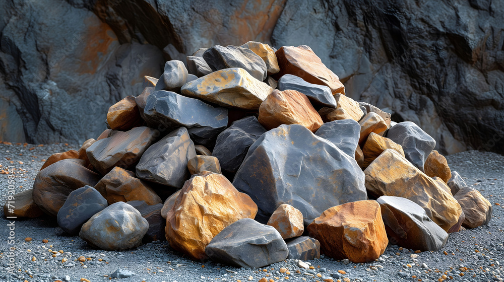Large pile of multi-toned rocks against a rugged cliff Large pile of multi-toned rocks against a rugged cliff
