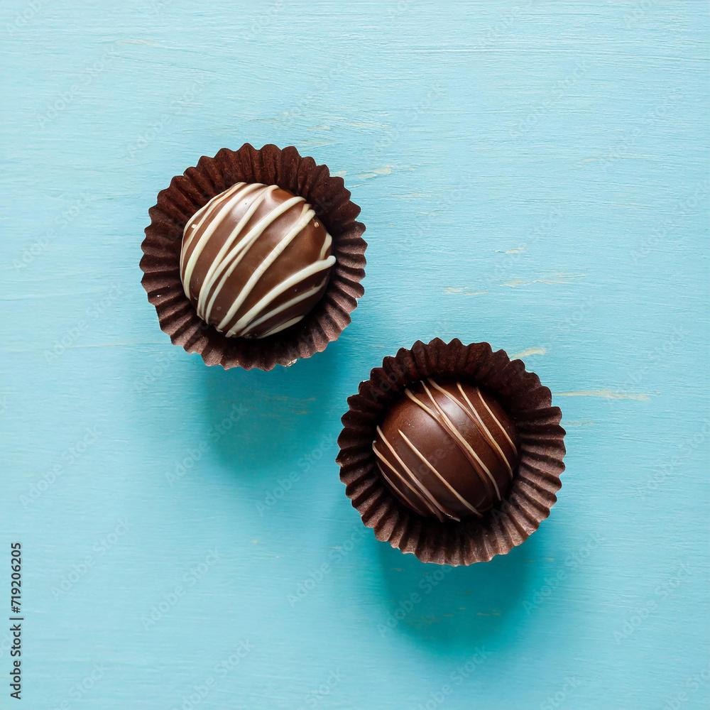 Fresh and old spoiled dark chocolate candies on light blue table background. Pastel color. Compare two pralines. Top down view. Fresh and old spoiled dark chocolate candies on light blue table background. Pastel color. Compare two pralines. Top down view.