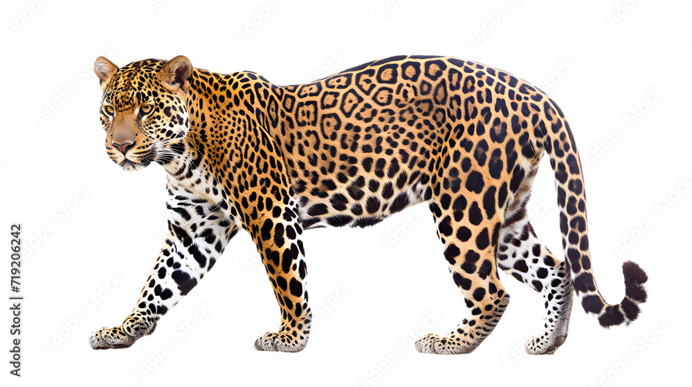 Obraz premium Majestic Leopard Walking on White Background