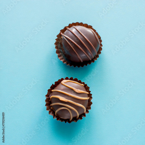 Fresh and old spoiled dark chocolate candies on light blue table background. Pastel color. Compare two pralines. Top down view.4 - Copy.jpg