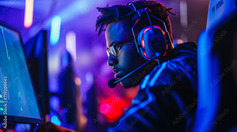 eSports competitive black male gamer in the heat of intense gameplay eSports competitive black male gamer in the heat of intense gameplay