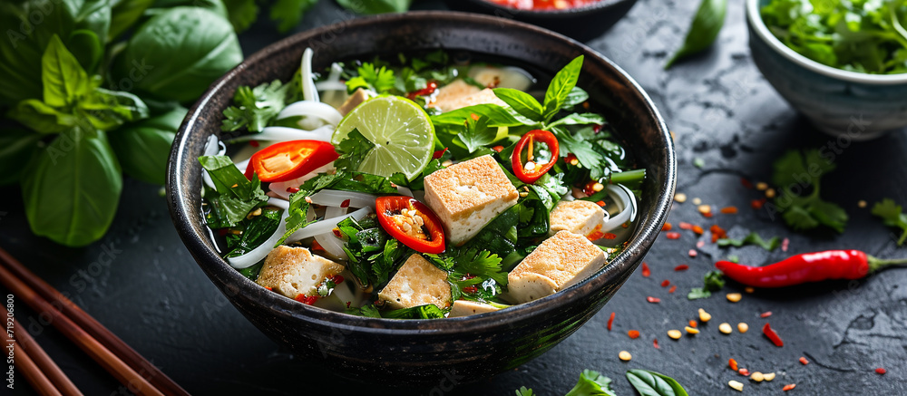 Vietnamese pho with tofu, green herbs and chili slices in a bowl Vietnamese pho with tofu, green herbs and chili slices in a bowl