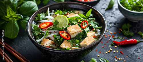 Vietnamese pho with tofu, green herbs and chili slices in a bowl photo