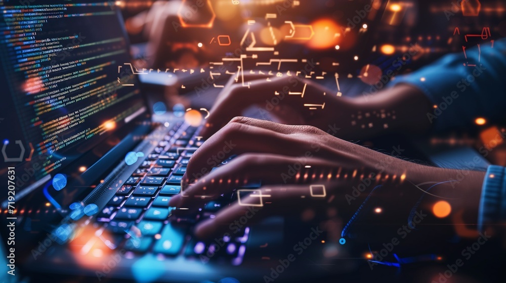 Hands typing on a laptop keyboard, code creation and programming, business concept and application optimization, search engine and coding Hands typing on a laptop keyboard, code creation and programming, business concept and application optimization, search engine and coding