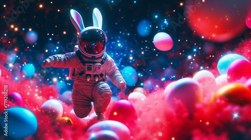 An Easter bunny in an astronaut's spacesuit hovers in zero gravity, in space among the stars and Easter eggs