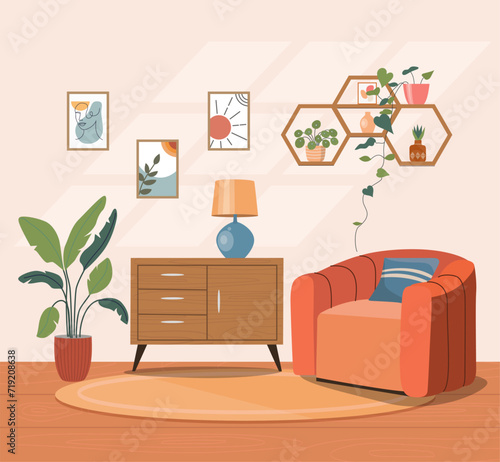 Comfortable chair, lamp and house plants. Vector flat illustration
