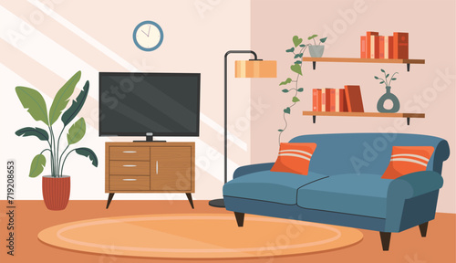 Living room interior. Comfortable sofa, TV and house plants. Vector flat cartoon illustration