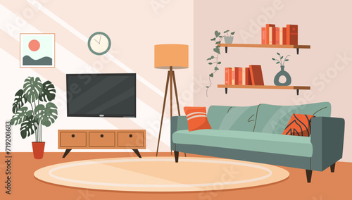 Living room interior. Comfortable sofa, TV and house plants. Vector flat cartoon illustration