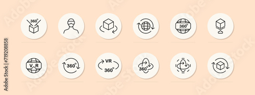 VR line icon set. 360 degrees, virtual reality helmet, future technologies, viewing. Pastel color background. Vector line icon for business and advertising