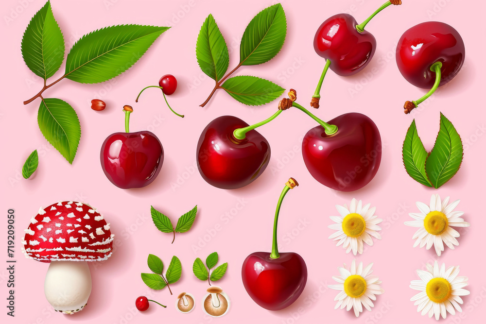 Cherry fruit with green leaves mushrooms and daisy flower icons signs on pink background vector illustration. Cherry fruit with green leaves mushrooms and daisy flower icons signs on pink background vector illustration.