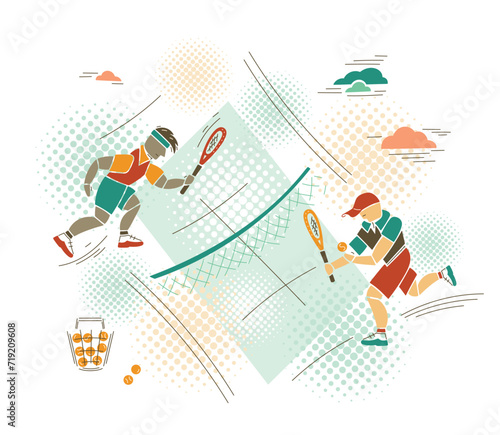 Tennis Summer Sport. Tennis players on tennis court. Abstract Geometric Style. Vector illustration