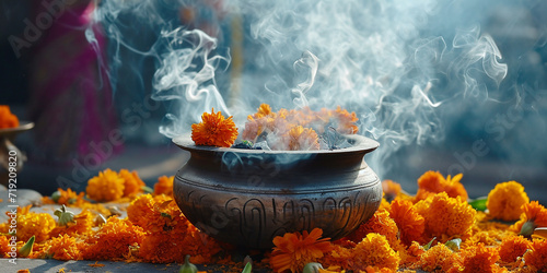 Smoky incense and marigolds in a sacred Indian ritual