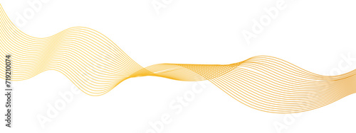 Abstract flowing golden dots particles wave curved lines on transparent background. Golden halftone gradient smooth curve line shape. Design for frequency sound, technology, science, banner, business.