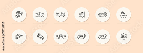 Car set line icon. Accident, traffic rules, witness, dent, markings, insurance, victim. Pastel color background Vector line icon for business and advertising