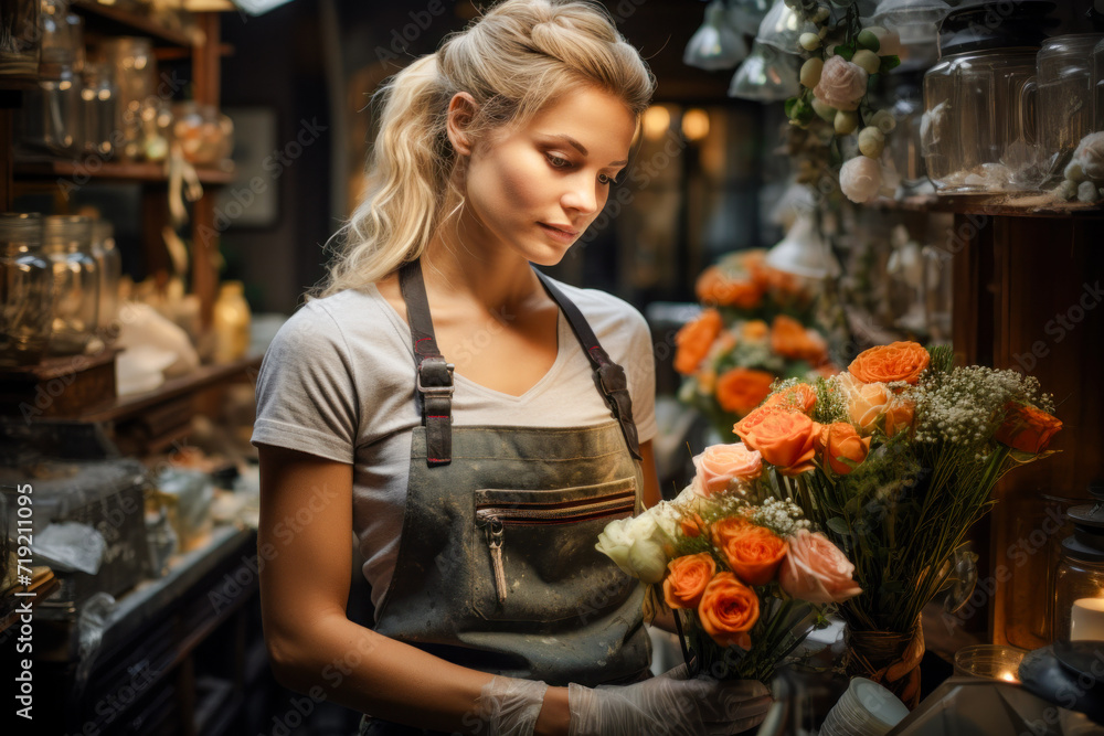 Obraz premium Florist in an Apron with Several Bouquets and Flowers in a Flower Store Modern Graphic Concept Greeting Card Wallpaper Digital Art Magazine Background Poster