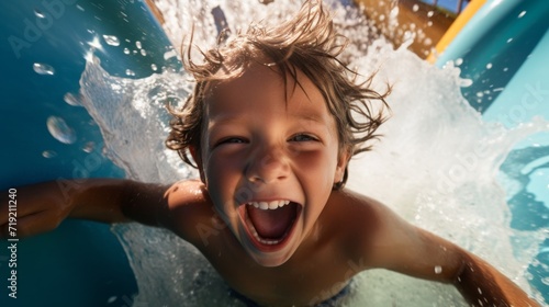Close-up of a happy screaming baby boy riding a water slide in a water park. Summer, travel, leisure and entertainment concepts.