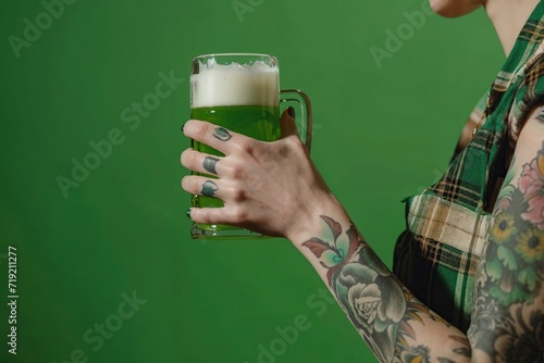 Tattooed Woman Holding Green Beer on St. Patrick's Day. Generative AI.