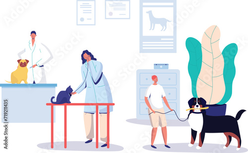 Young male veterinarian treating animals, female vet inspecting a cat on table, boy with dog waiting. Pet care clinic scene with diverse pets and owners, modern vet hospital setting. © Seahorsevector