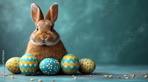easter card, easter card background, easter bunny and easter eggs on a gray (blue) background, generated AI © Nataliia