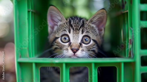Curious kitten peering out from a bright green carrier.