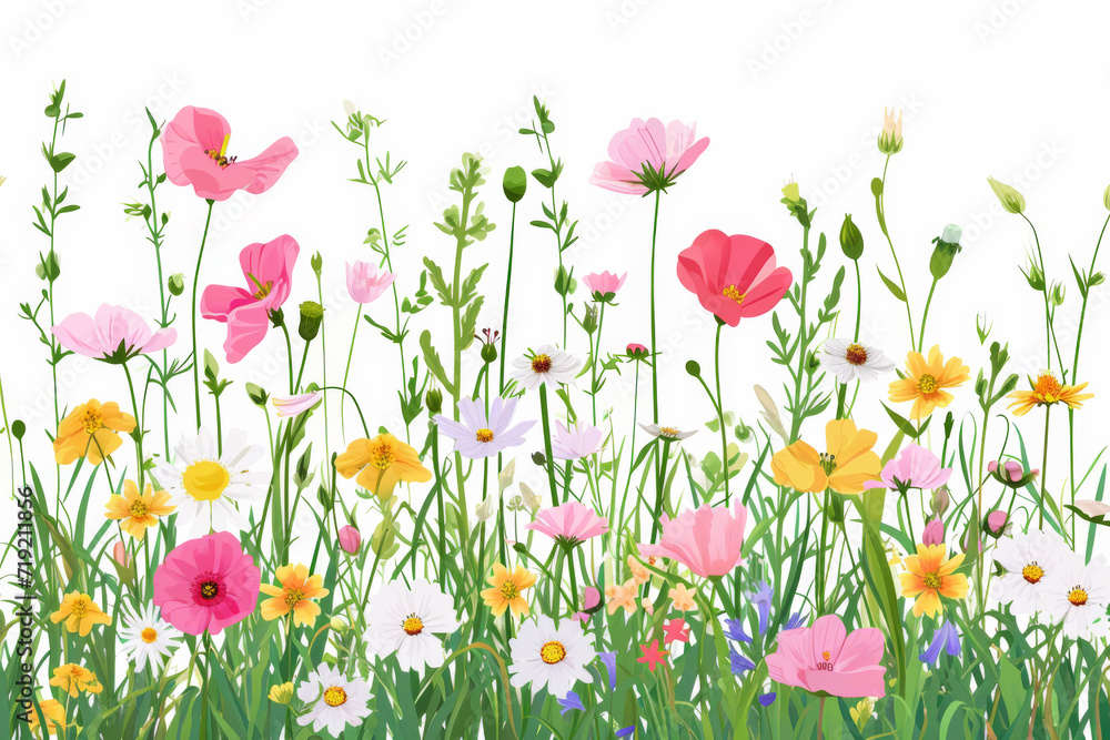 Summer and spring blossom forest and garden flowers field isolated on white background. Nature springtime flower. 