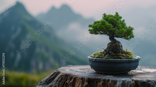 Bonsai tree on a rustic pine table with mountain view backdrop
