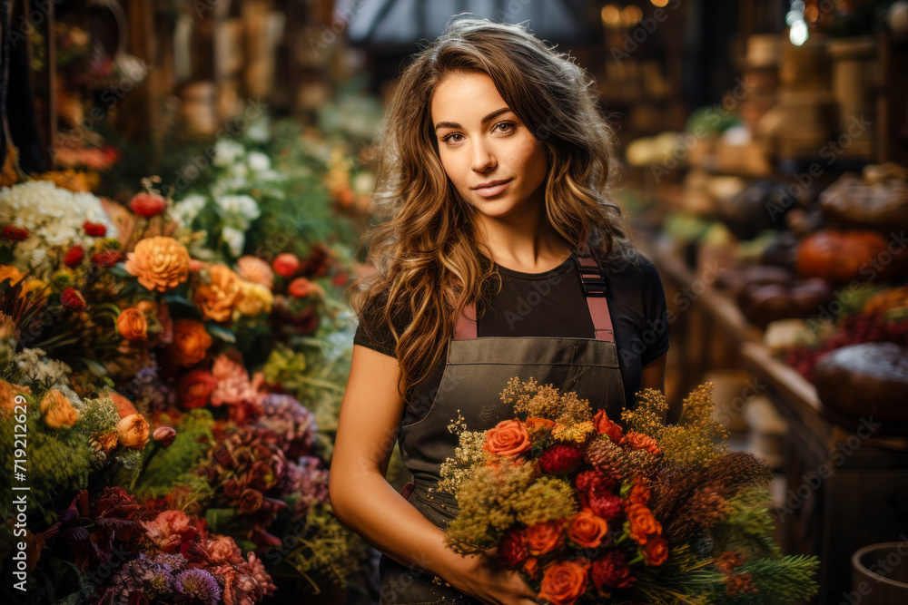 Florist in an Apron with Several Bouquets and Flowers in a Flower Store Modern Graphic Concept Greeting Card Wallpaper Digital Art Magazine Background Poster Florist in an Apron with Several Bouquets and Flowers in a Flower Store Modern Graphic Concept Greeting Card Wallpaper Digital Art Magazine Background Poster