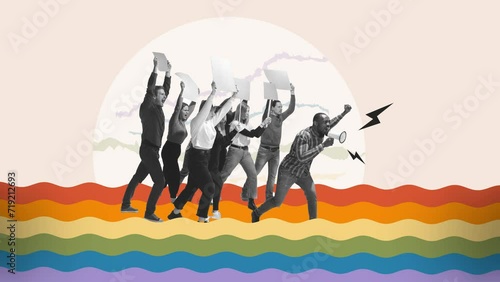 Group of young people showing movement aiming on lgbt community support. Stop motion, animation. Concept of human rights, equality, social issues, acceptance and freedom. Banner, poster, ad photo