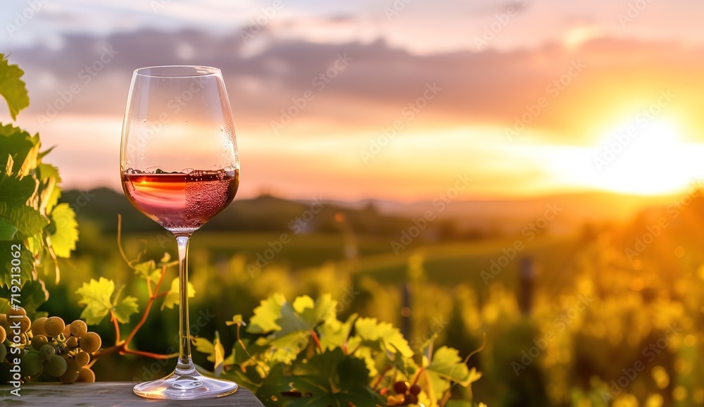 red wine in a glass at sunset, conveying the essence of relaxation and luxury, ideal for celebrations