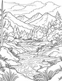 valley nature scene coloring page  with intricate outline lines only