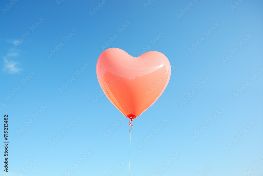 A single peach fuzz colored heart balloon against a clear blue sky