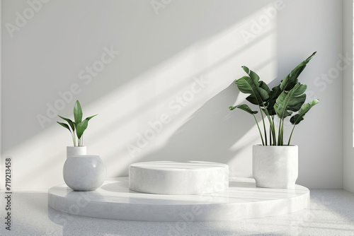 3D Render Podium and minimal in an white wall with Cylinder polygon stand 3D product on podium modern platform 3d illustration.