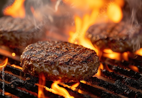 Sizzling juicy meat cooked on a flaming grill, perfect for summer picnics and outdoor parties