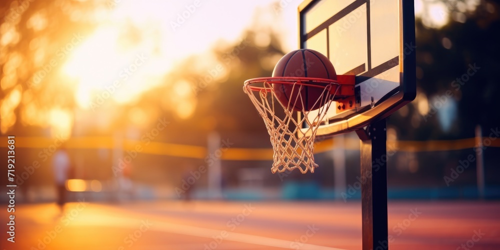 Basketball Scoring a Goal at Sunset with Warm Backlight on Outdoor Court. Generative AI