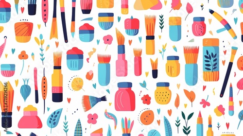 Vector seamless pattern with art supplies. Paint tube, pencil, crayons, color palette, brushes, hand drawn in white background. Cartoon flat style. Generative Ai