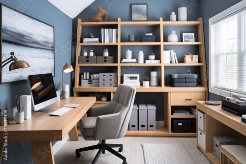 Stylish modern home office interior design, blue colour office workspace.