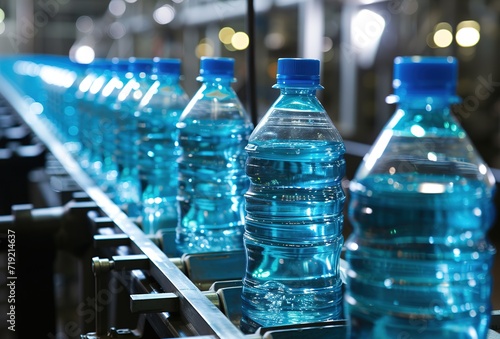 Crystal clear bottled water on a production line illuminated by ambient factory lighting - close-up view