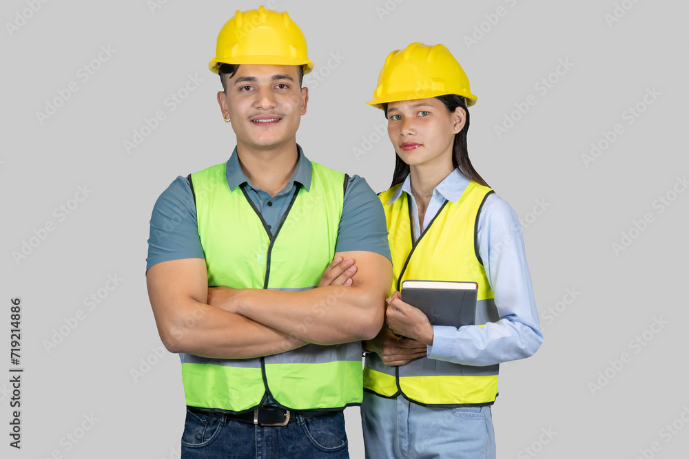 Asian Couple Engineer and Architect giving gestures and expressions on construction field Asian Couple Engineer and Architect giving gestures and expressions on construction field
