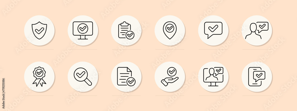 Checkmark set line icon. Confirmation, verification, monitor, shield, computer, Internet, telephone. Pastel color background Vector line icon for business and advertising Checkmark set line icon. Confirmation, verification, monitor, shield, computer, Internet, telephone. Pastel color background Vector line icon for business and advertising