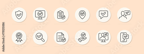 Checkmark set line icon. Confirmation, verification, monitor, shield, computer, Internet, telephone. Pastel color background Vector line icon for business and advertising