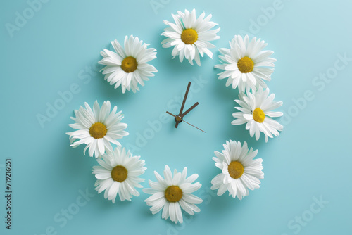 The clock face formed by daisies on a blue background.